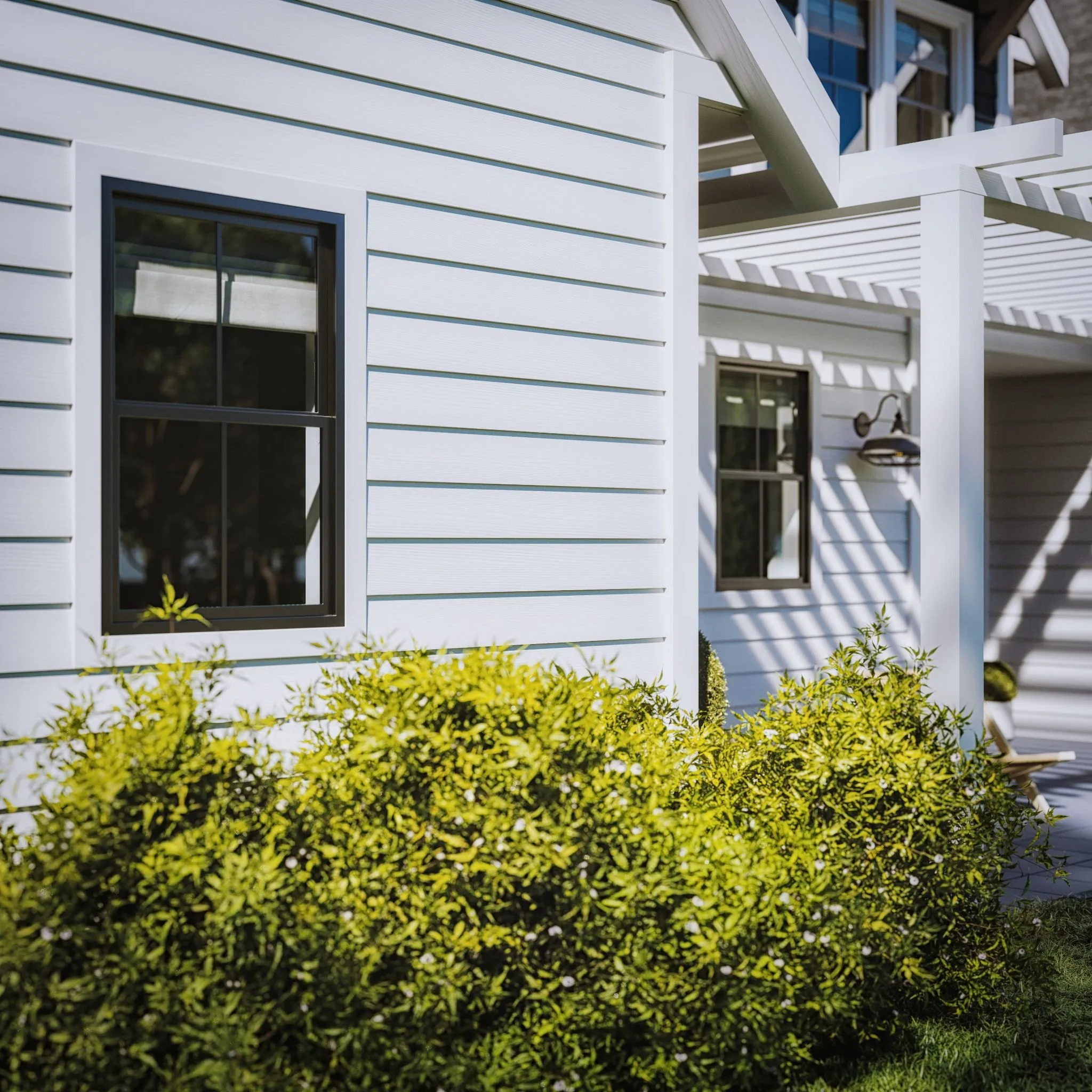 Close-up 3D rendering of white lap siding around a black-framed window
