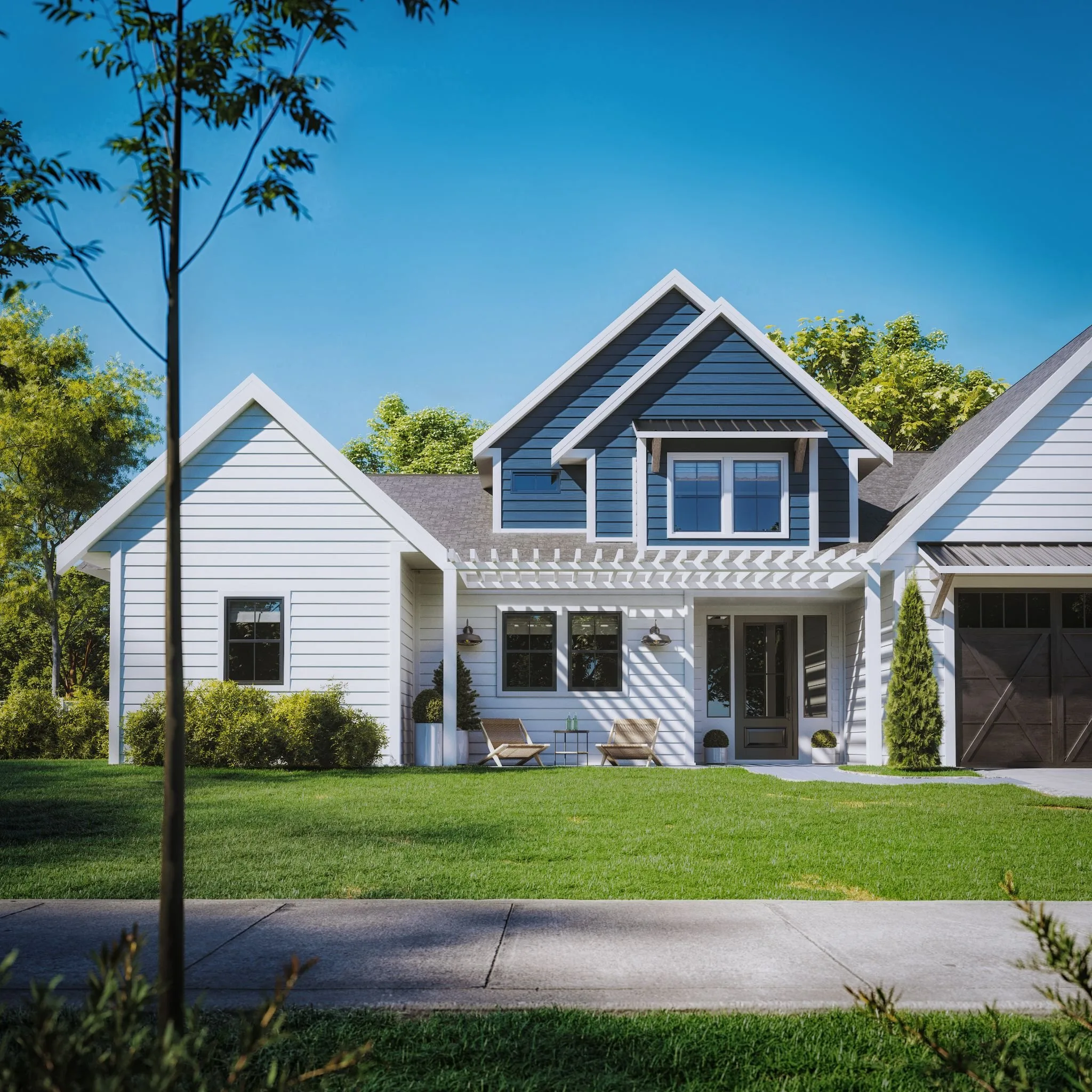3D rendering of a house with white lap siding and a blue gable, seen from the street