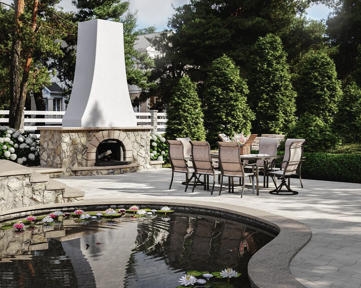 3D rendering of an outdoor stone fireplace on a paved patio beside a pond