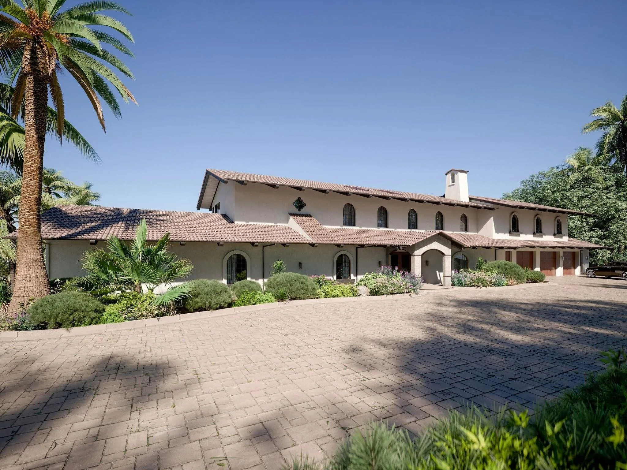 3D rendering of a wide paver driveway in front of a Spanish-style house