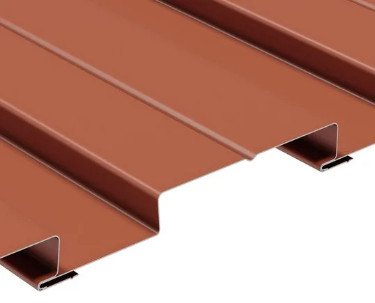 3D rendering of a red siding panel profile on white, with the cut end showing its interlocking edge