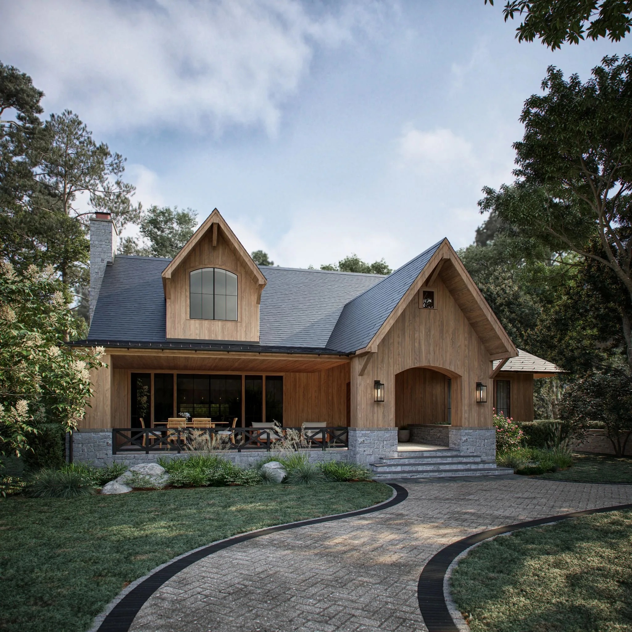 3D rendering of a house with vertical timber cladding, a dark grey tiled roof and a stone plinth