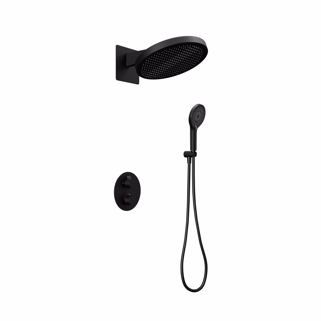 3D rendering of a matte black built-in shower set with rain shower, thermostat and hand shower on a white background