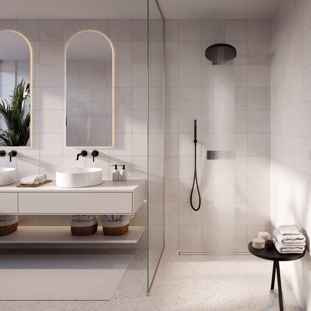 3D rendering of a walk-in shower with a matte black rain shower running, black hand shower and thermostat next to a double vanity