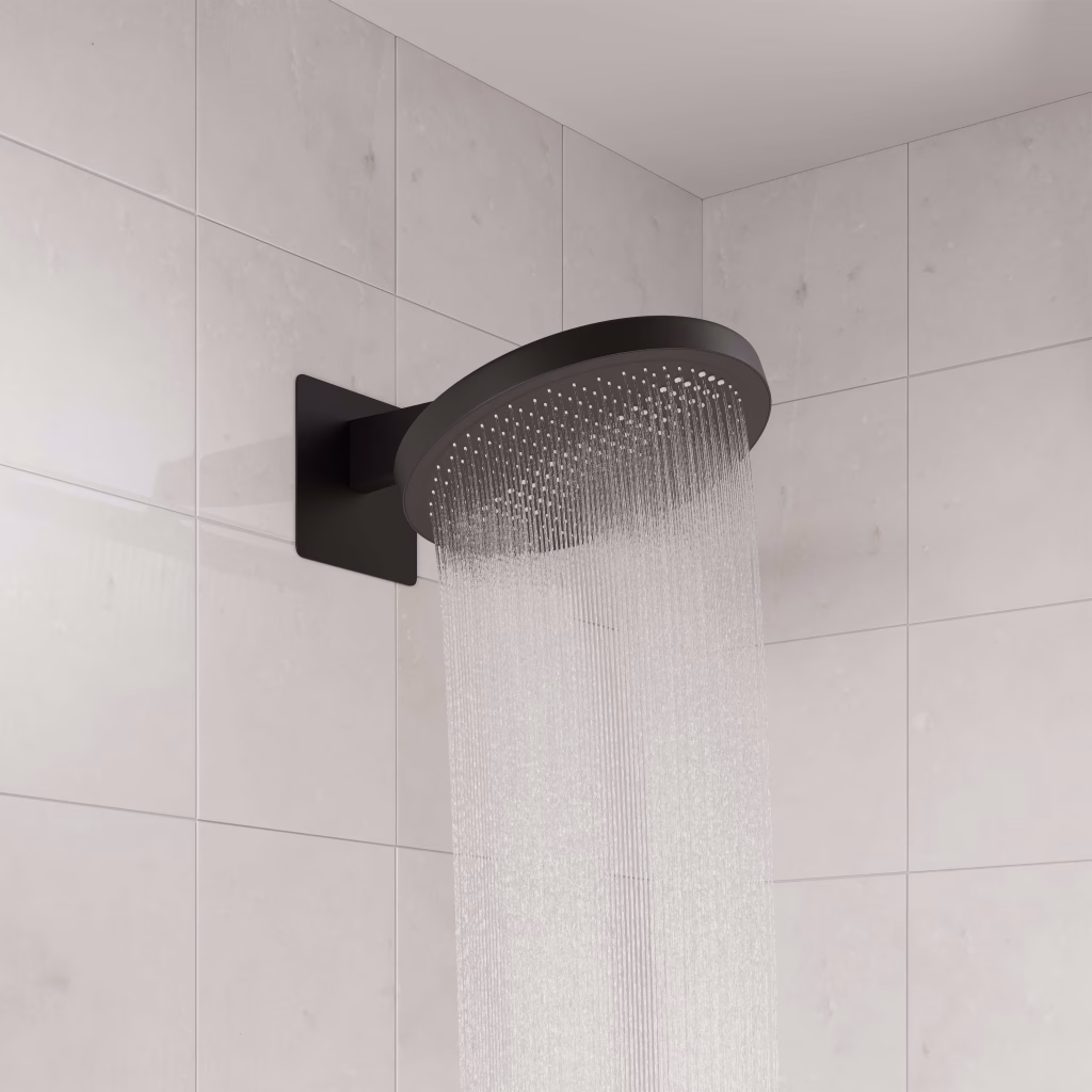 Close-up CGI of a matte black round rain shower with water running