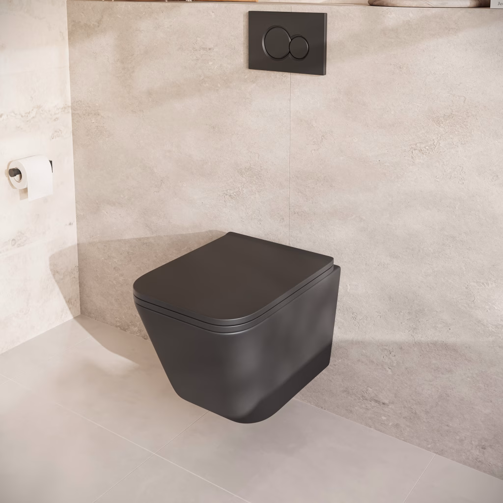 3D rendering of a matt black square wall-hung toilet with a black flush plate