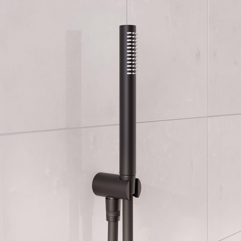 Close-up 3D rendering of a matte black stick hand shower in a wall holder