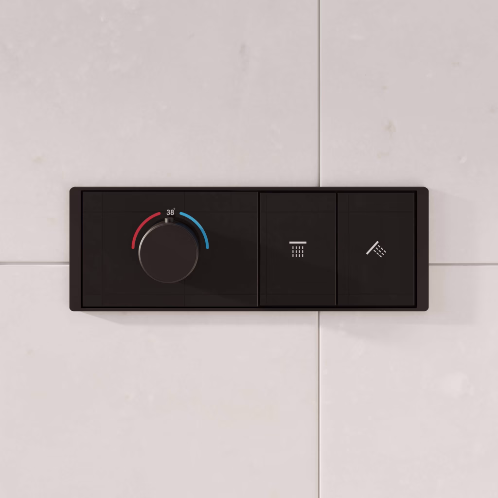 Close-up 3D render of a matte black thermostatic shower control panel with temperature dial and push buttons