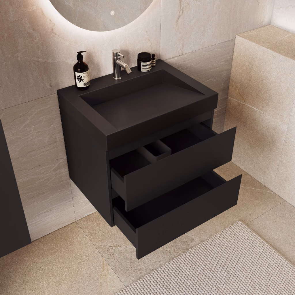 CGI of a 60 cm black bathroom vanity with both drawers open, top-down view