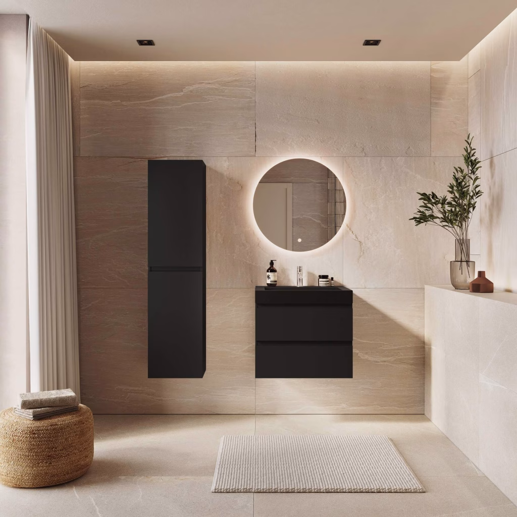 3D rendering of a bathroom interior with a 60 cm black vanity, tall cabinet and backlit round mirror