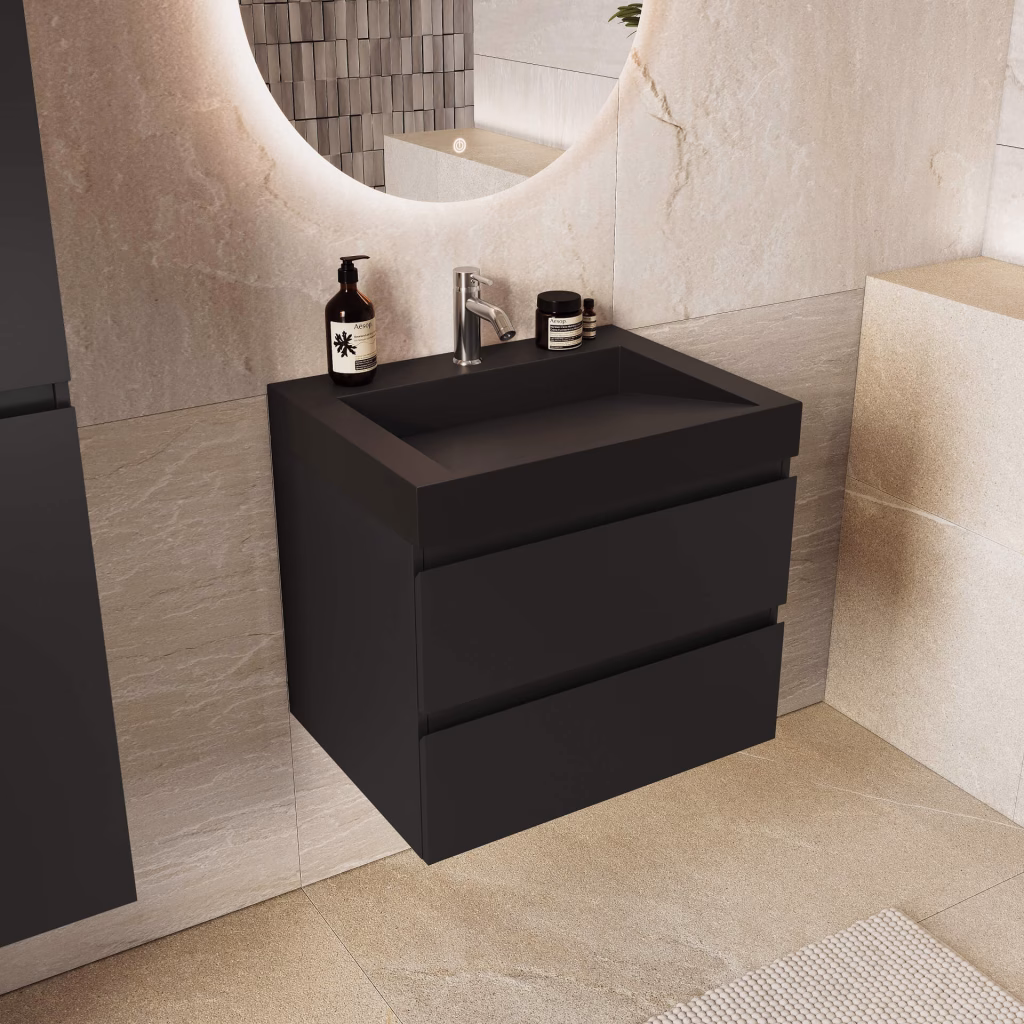 3D rendering of a 60 cm black wall-hung vanity with chrome faucet, three-quarter view
