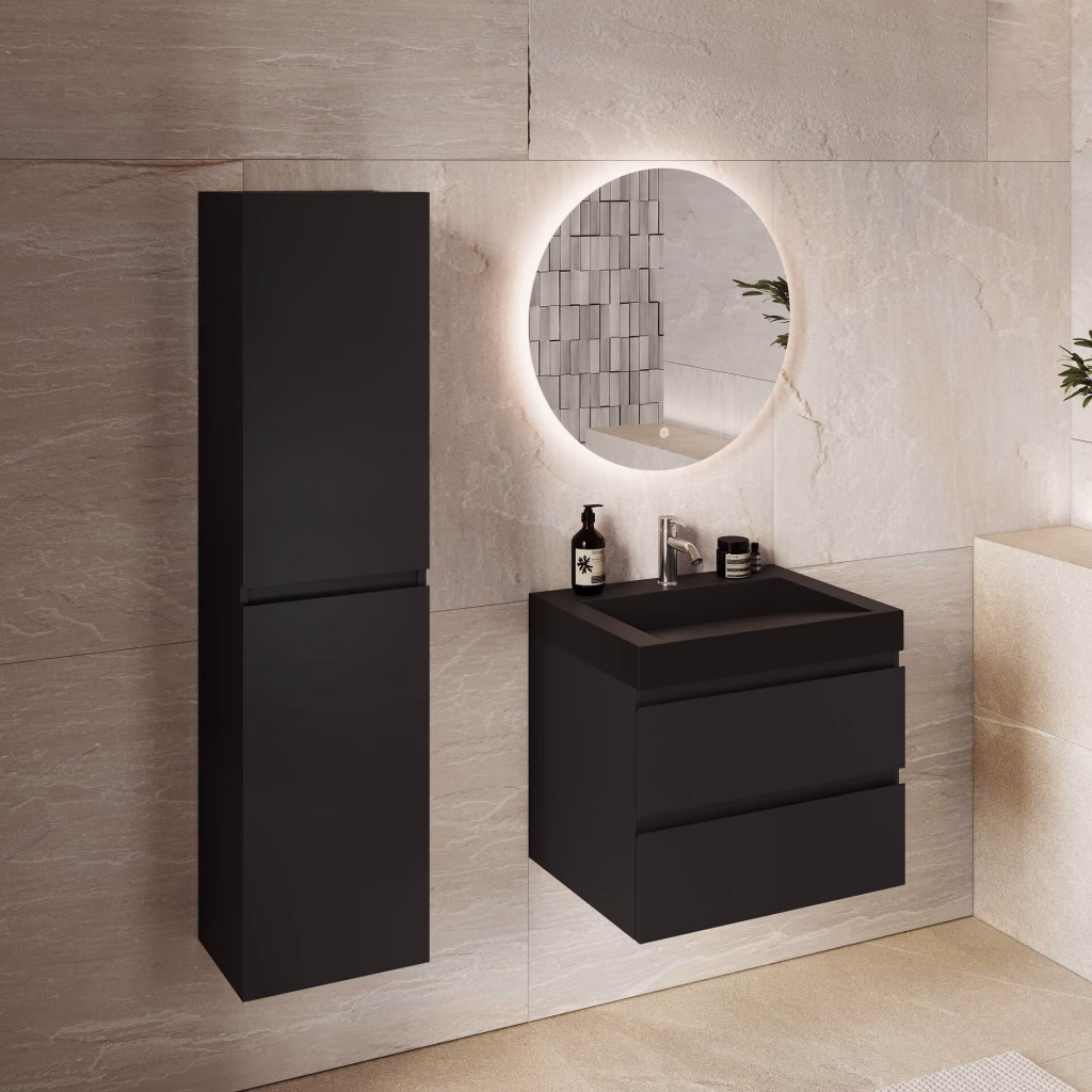 3D rendering of a 60 cm black bathroom vanity with integrated basin, tall cabinet and round LED mirror