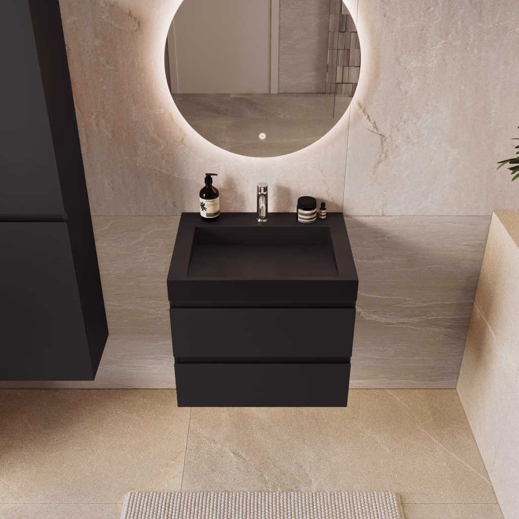 Top-front 3D render of a 60 cm black wall-hung vanity with integrated black basin