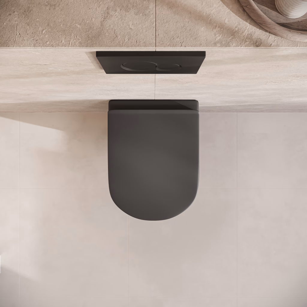 Top-down 3D rendering of a matt black wall-hung toilet with a black flush plate