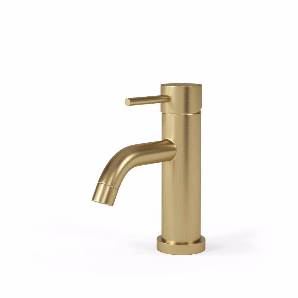 3D render of a brushed gold deck-mounted basin faucet on a white background