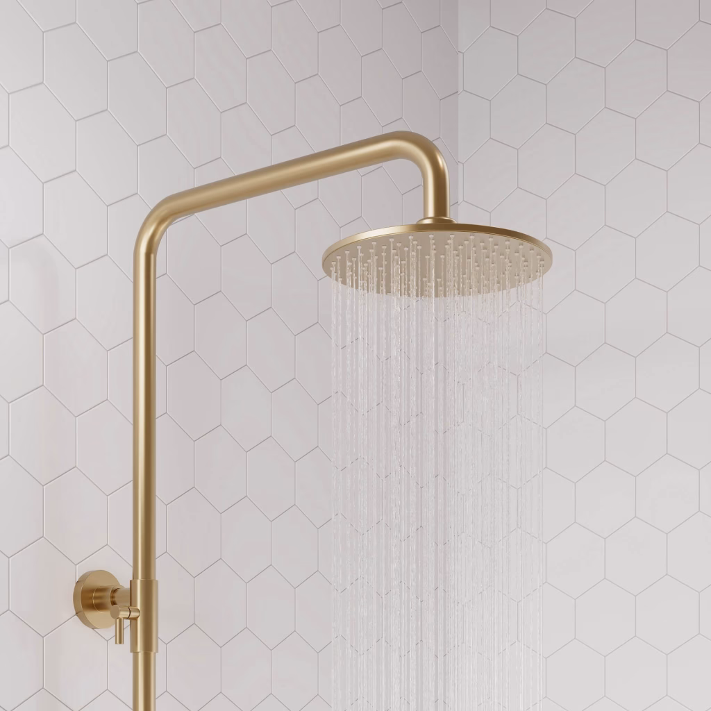 Close-up 3D rendering of a brushed gold shower column rain shower with water running