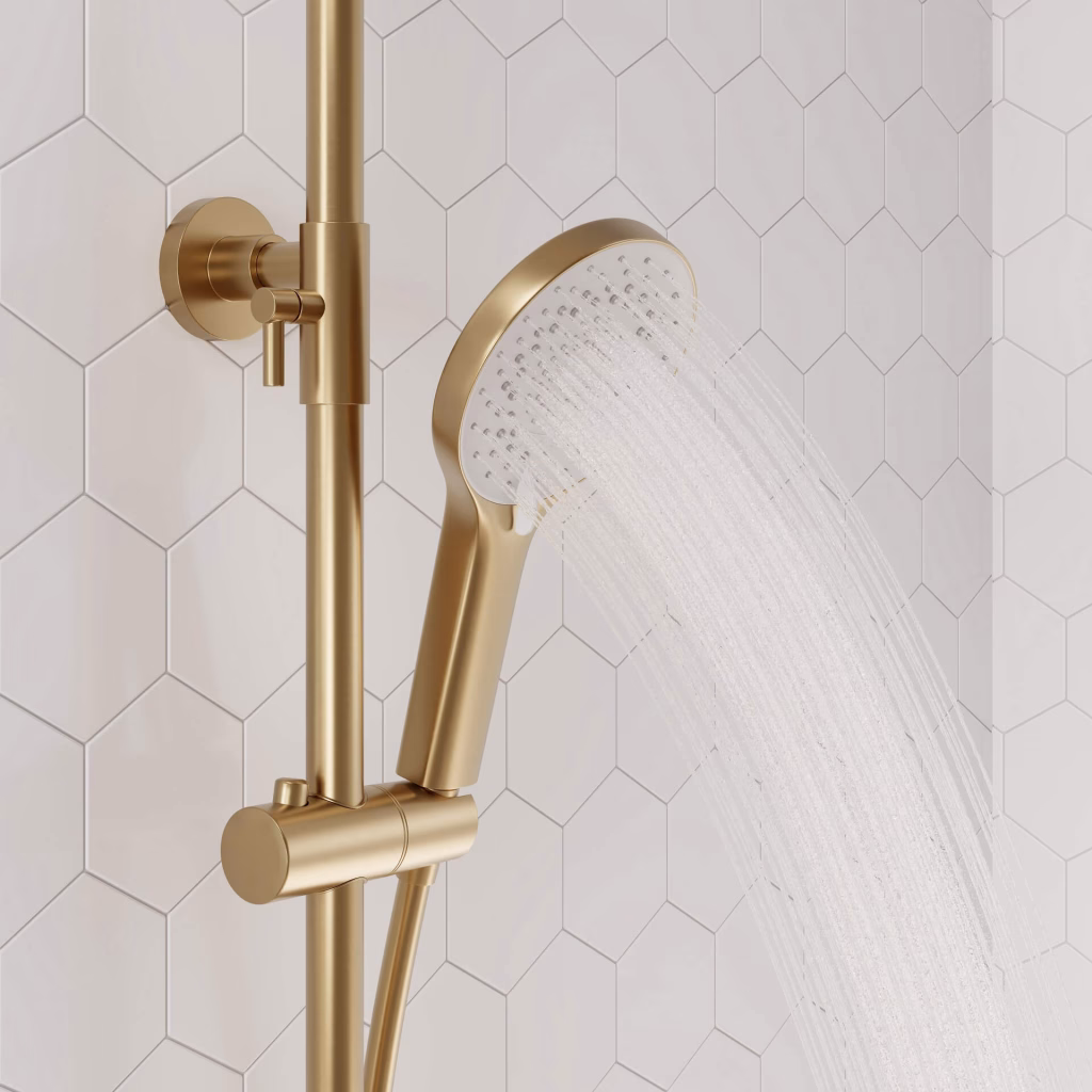 Close-up CGI of a brushed gold hand shower spraying water on a shower column