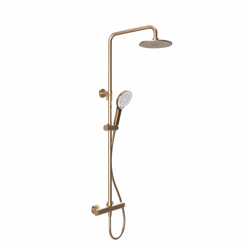 3D render of a brushed gold thermostatic shower column with round rain shower and hand shower on a white background