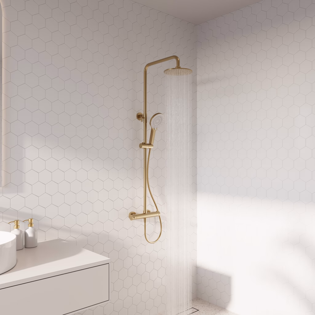 3D render of a brushed gold shower column with water running from the rain shower on white hexagon tiles