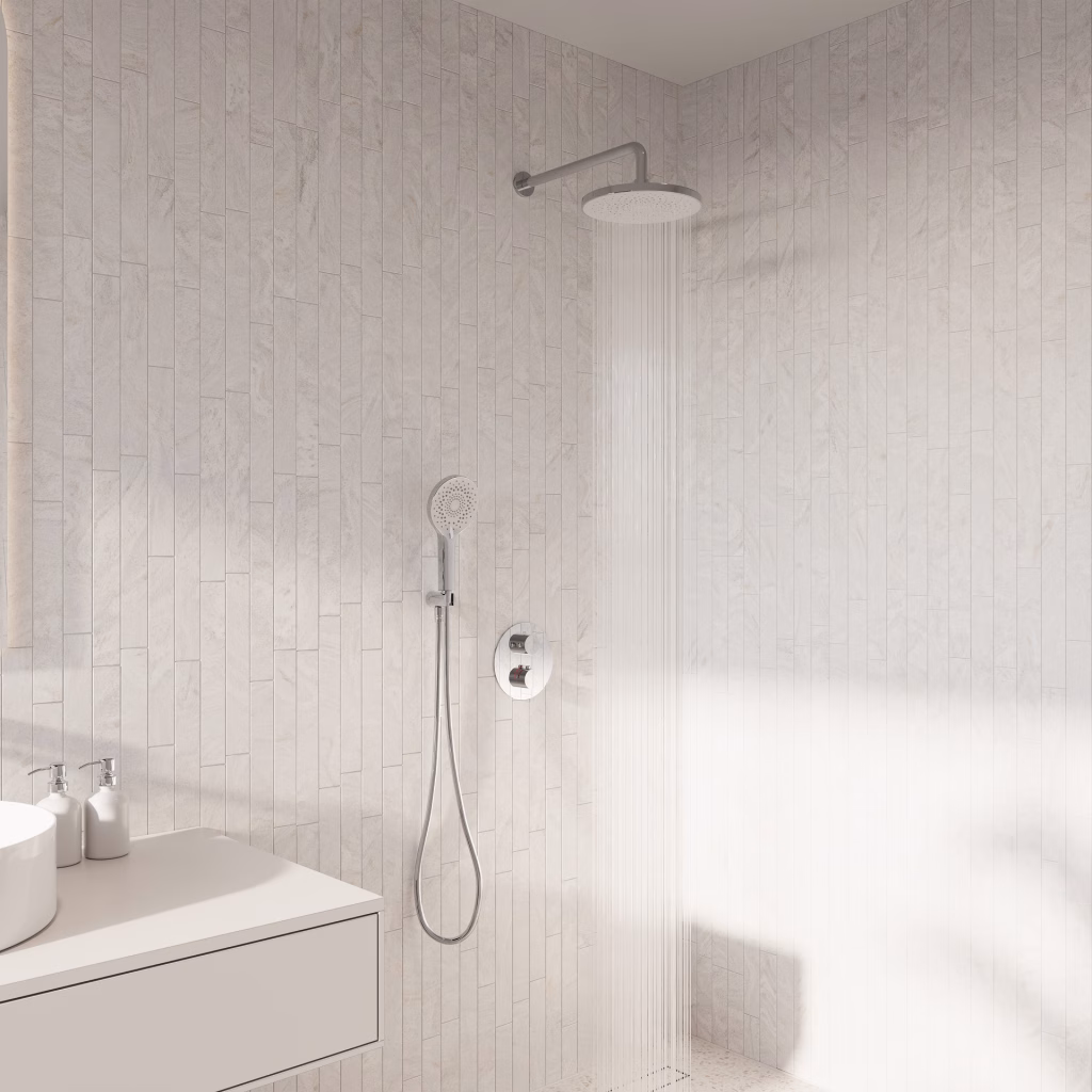 3D rendering of a chrome built-in shower set with water running from a wall-arm rain shower, thermostat and hand shower