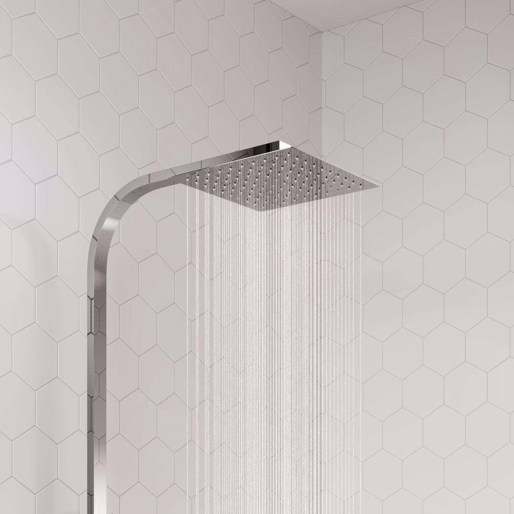 Close-up CGI of a chrome square rain shower with water running on a shower column
