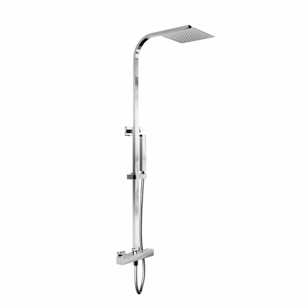 3D rendering of a chrome thermostatic shower column with square rain shower and hand shower on a white background