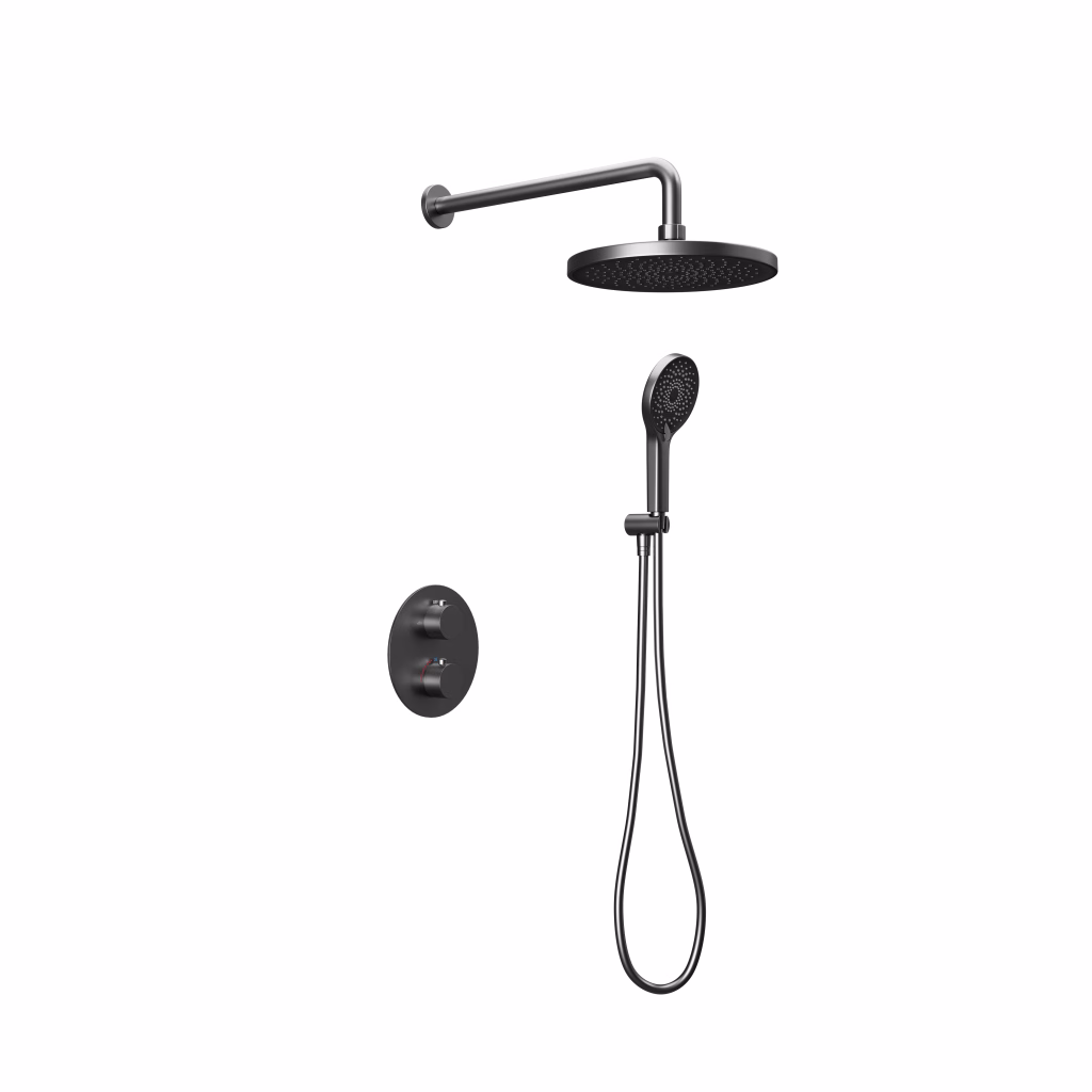 CGI of a gun metal built-in shower set with wall-arm rain shower, thermostat and hand shower on a white background