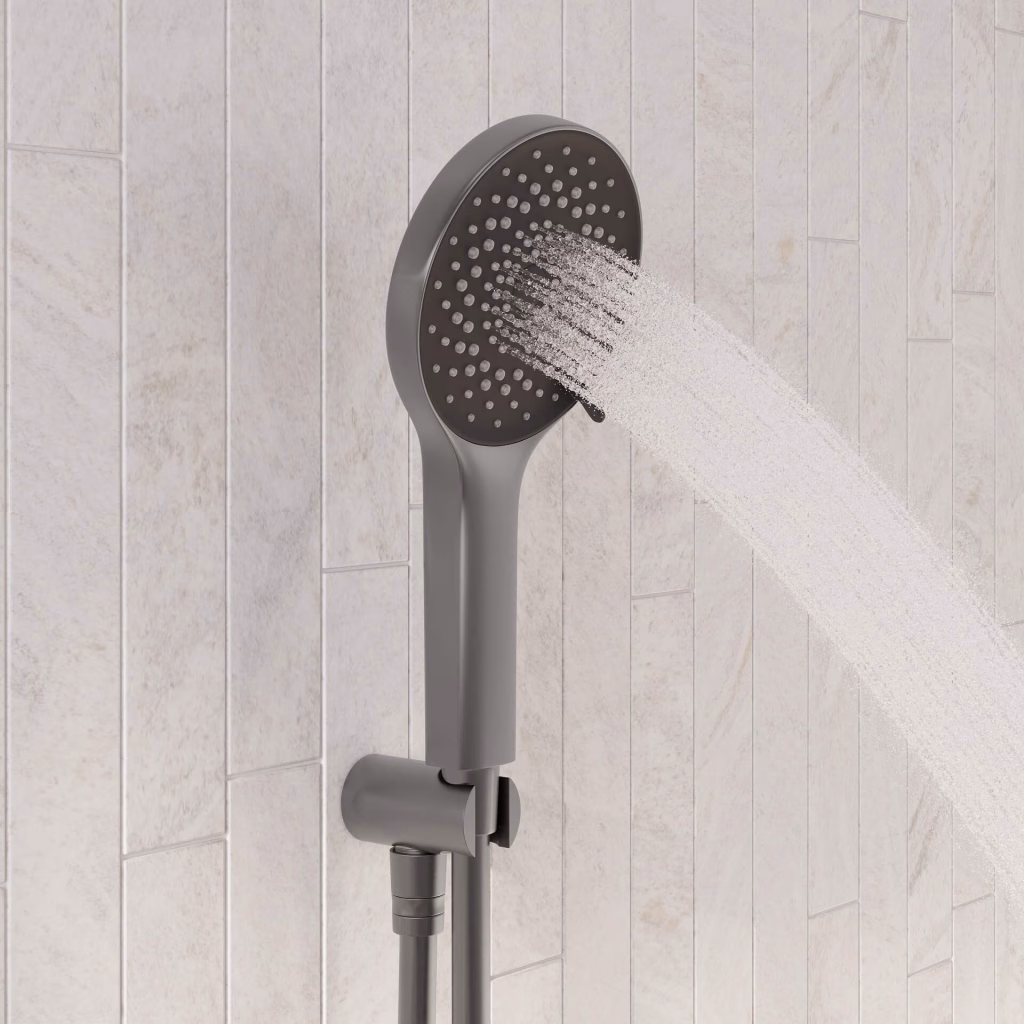 Close-up 3D rendering of a gun metal round hand shower spraying water