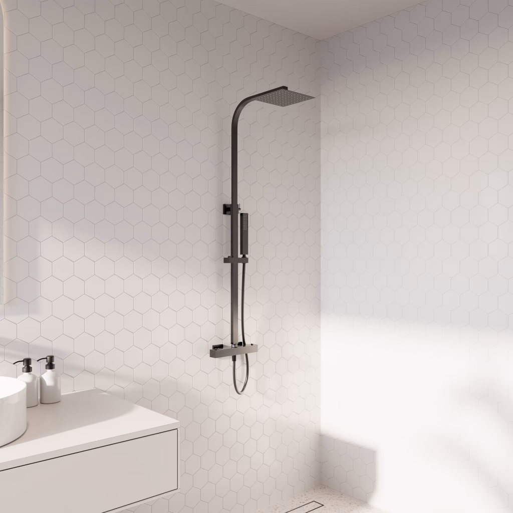 CGI of a gun metal square shower column with rain shower and hand shower on white hexagon tiles