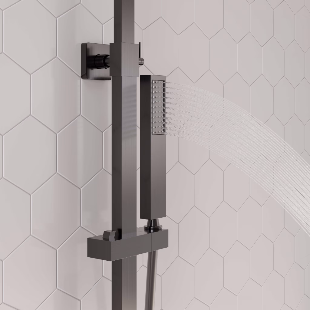 Close-up 3D rendering of a gun metal square hand shower spraying water on a shower column