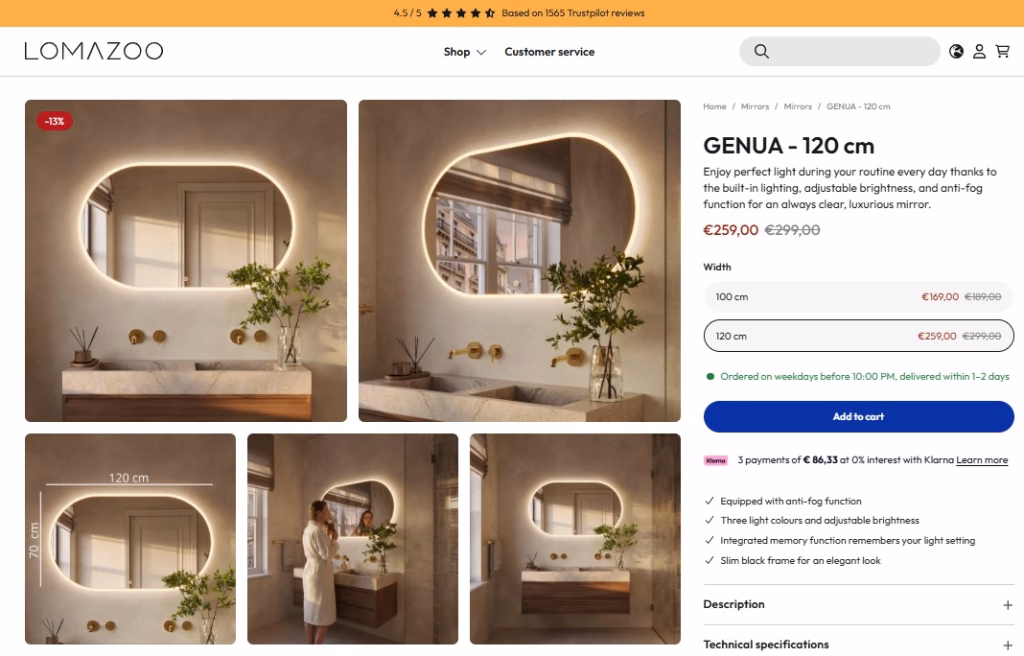 Product page with 3D renders of a pill-shaped backlit LED mirror in lifestyle, dimension and in-use shots, with width options