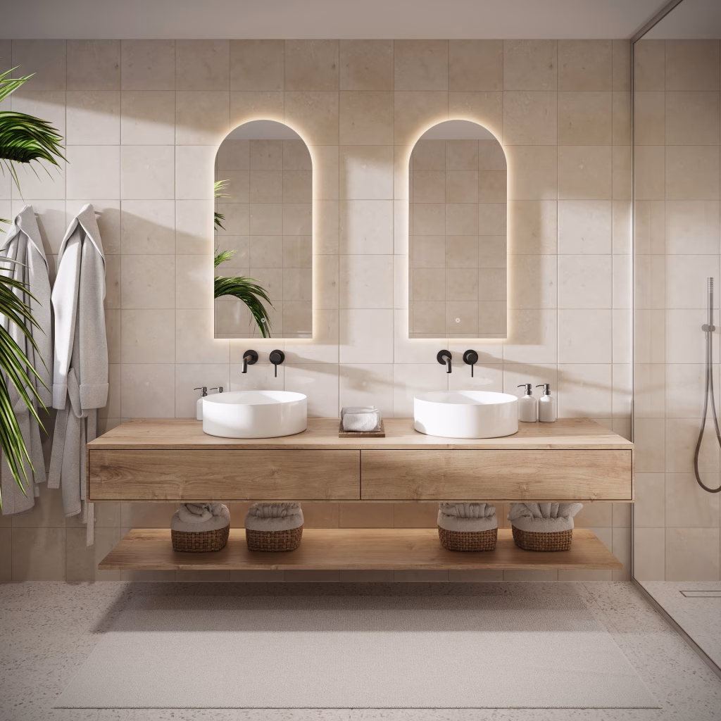 3D rendering of a floating oak double vanity with two round vessel basins, black wall-mounted faucets and arched backlit LED mirrors