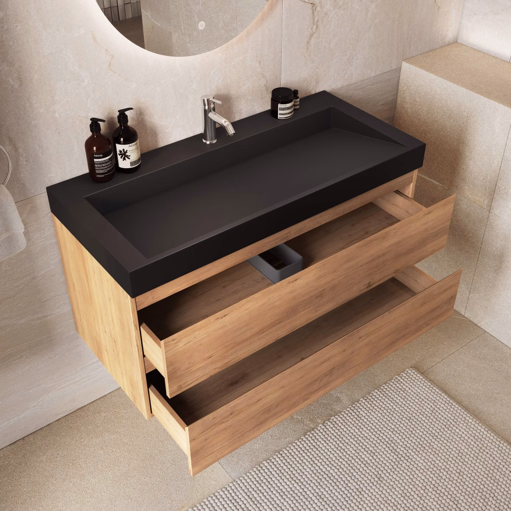 CGI of a 100 cm oak bathroom vanity with black basin and both drawers open