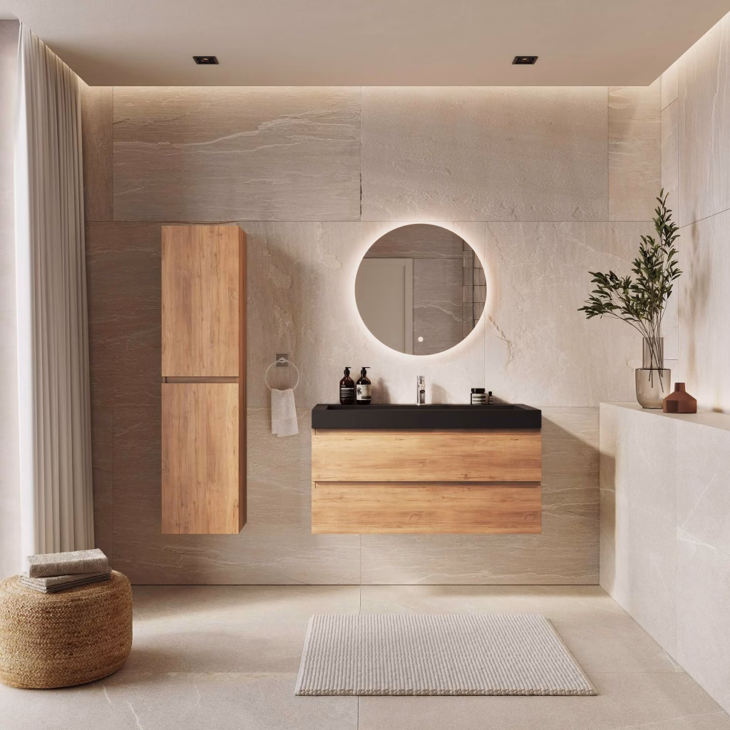 3D rendering of a bathroom interior with a 100 cm oak vanity, black basin and tall oak cabinet
