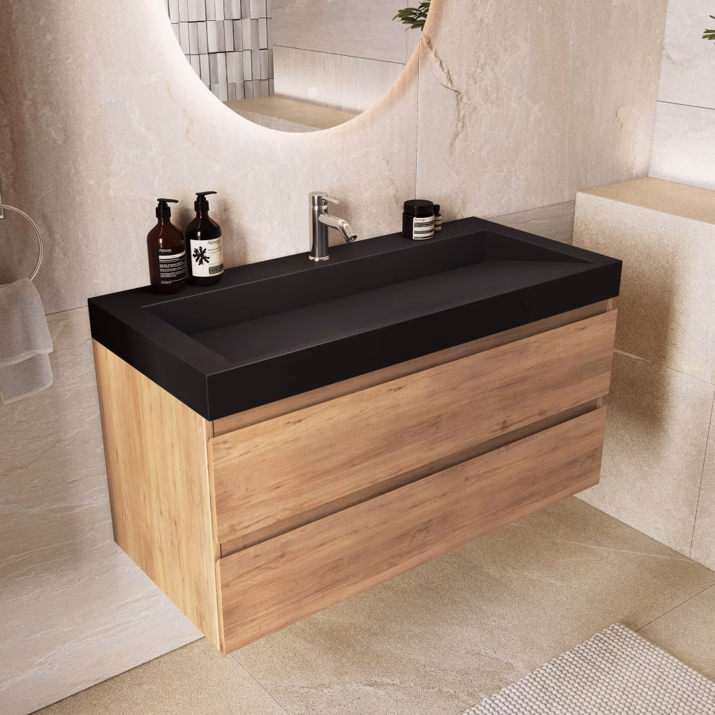 3D rendering of a 100 cm oak wall-hung vanity with black basin, three-quarter view