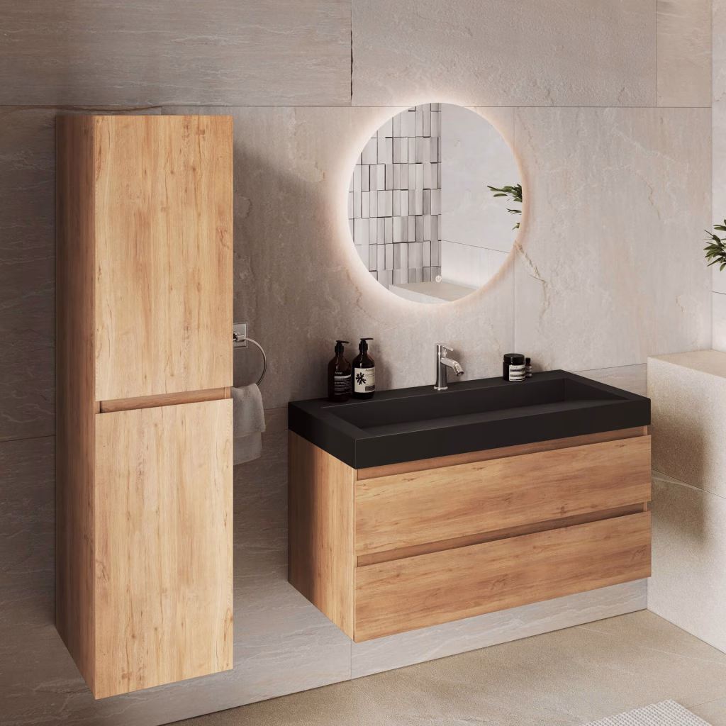 3D rendering of a bathroom interior with a 100 cm oak vanity, black basin and tall oak cabinet