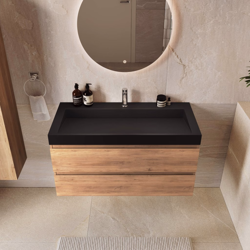 Top-front 3D render of a 100 cm oak wall-hung vanity with a wide black basin