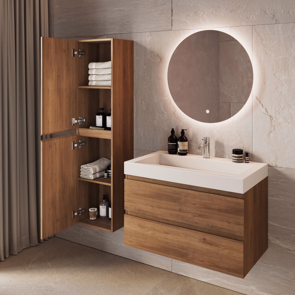 CGI of an oak bathroom vanity with white basin and an open tall oak cabinet with shelves