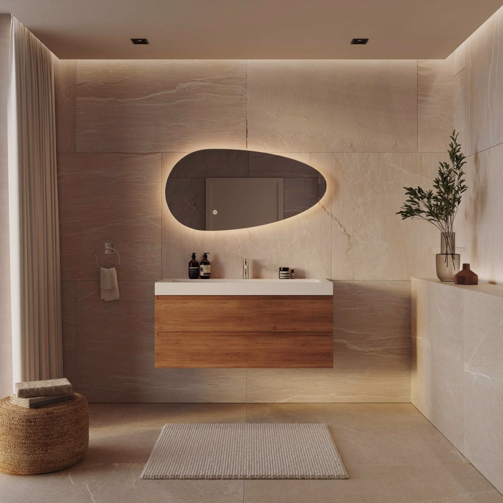 3D rendering of a 100 cm pebble-shaped backlit LED mirror above an oak vanity with white basin