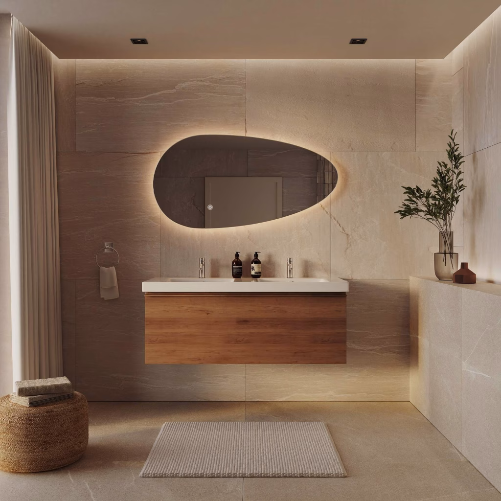 3D rendering of a 120 cm pebble-shaped backlit LED mirror above an oak double vanity