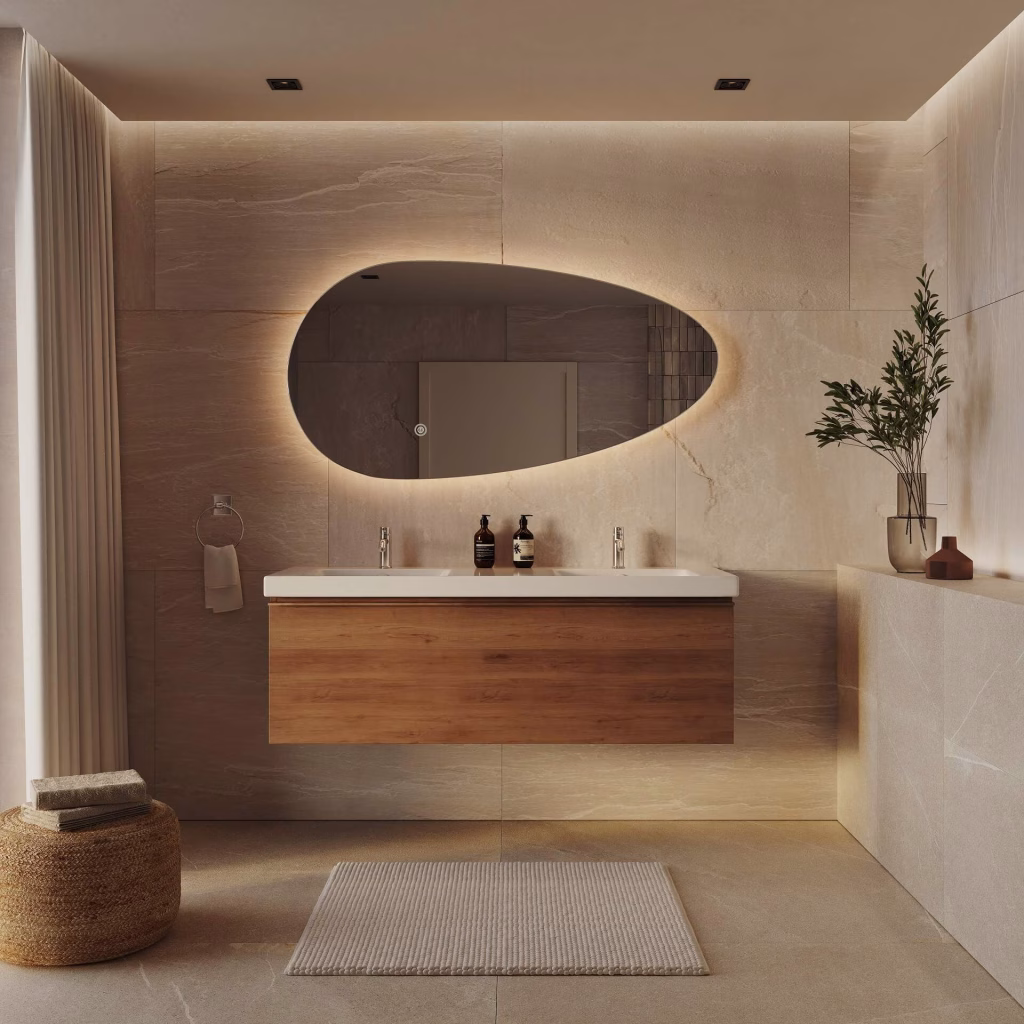 3D rendering of a 140 cm pebble-shaped backlit LED mirror above an oak double vanity