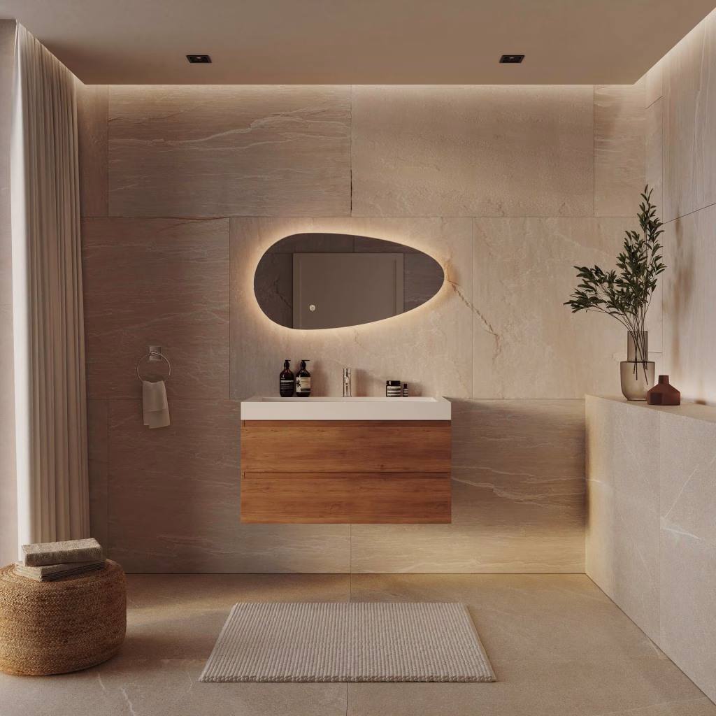 3D rendering of an 80 cm pebble-shaped backlit LED mirror above an oak vanity with white basin