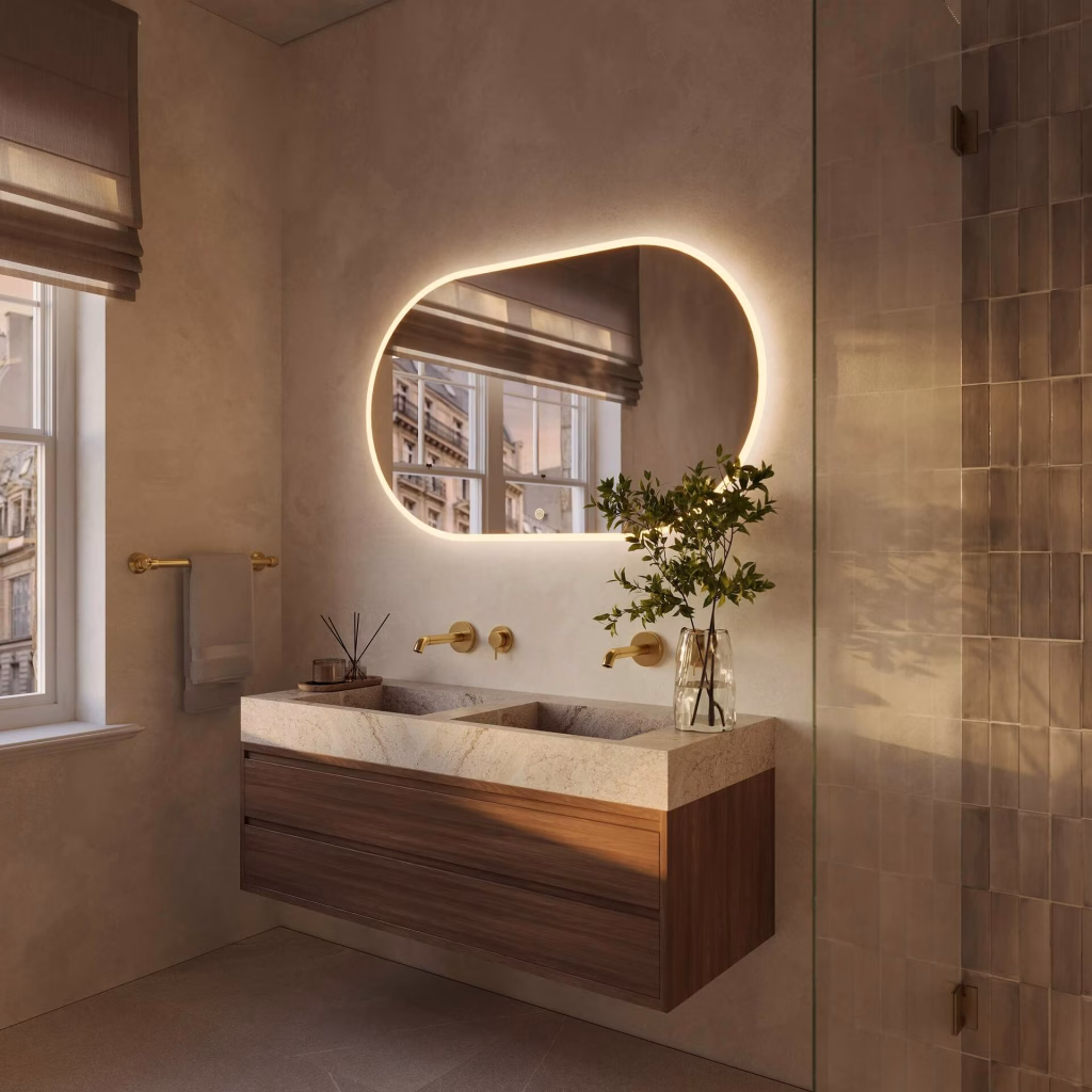 3D rendering of a wide pill-shaped backlit LED mirror above a walnut vanity with double stone basin