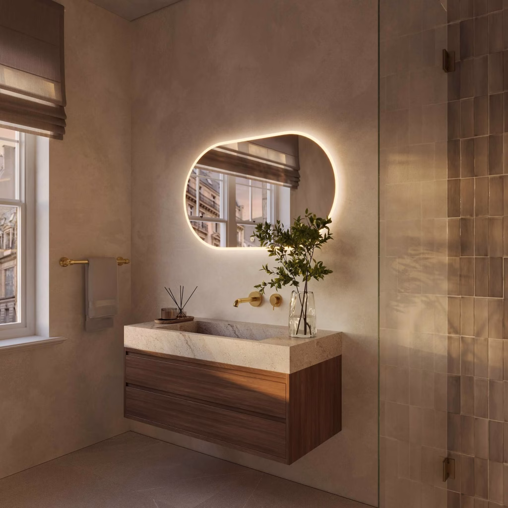 3D rendering of a pill-shaped backlit LED mirror above a walnut vanity with stone basin