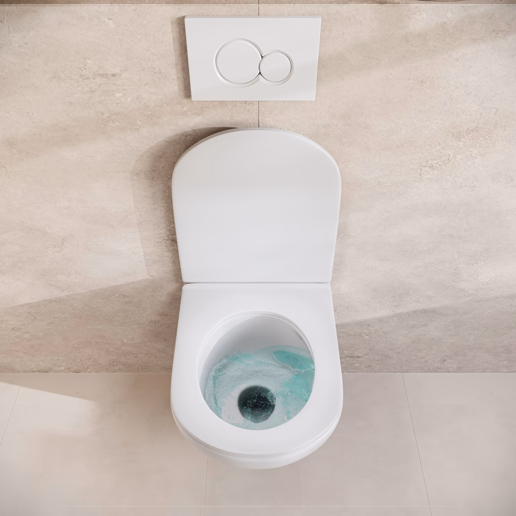Top-down CGI of a white rimless wall-hung toilet during a swirl flush