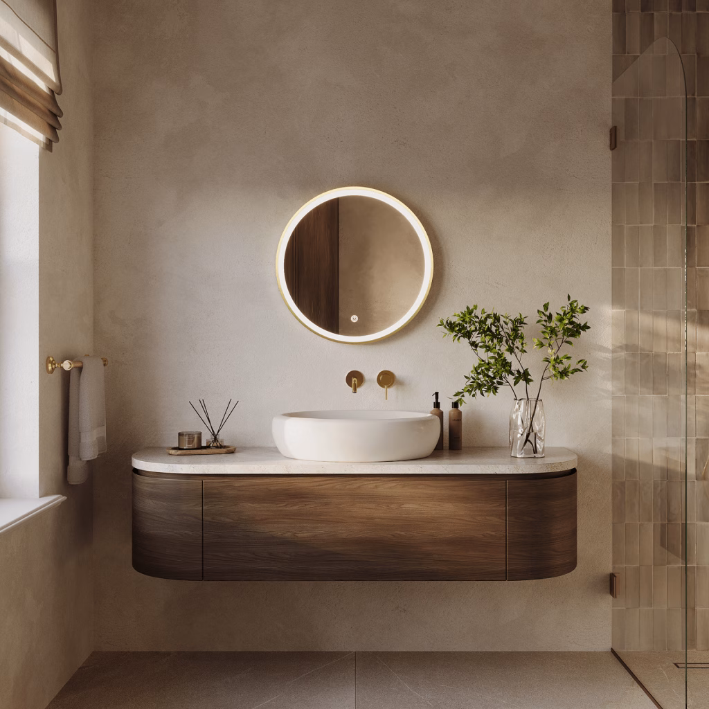 Front-view CGI of a small round gold-framed LED mirror above a curved walnut vanity with vessel basin
