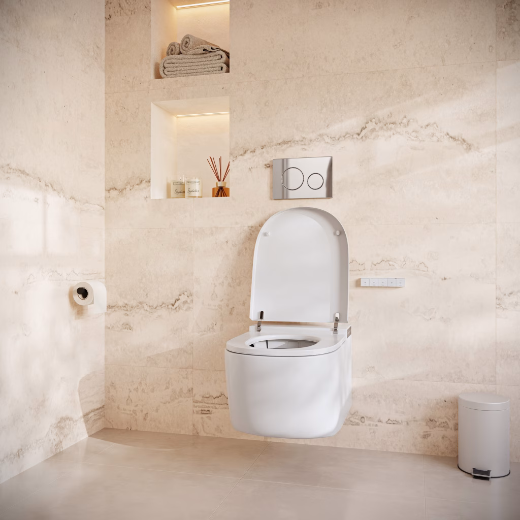CGI of a white wall-hung smart toilet with the lid open, wall control panel and chrome flush plate