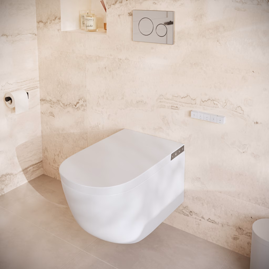 Close-up 3D render of a white smart toilet with side control buttons and a wall-mounted control panel
