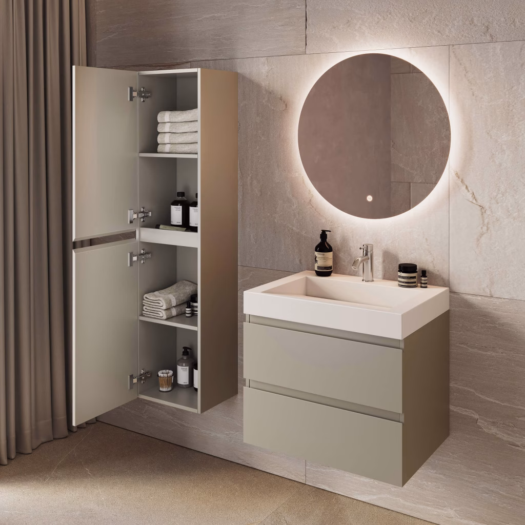 3D rendering of a taupe bathroom vanity with white basin next to a tall cabinet with doors open