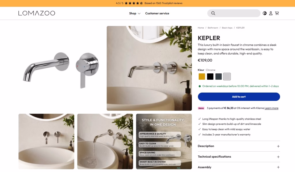 Product page with 3D renders of a chrome wall-mounted basin faucet with a finish selector